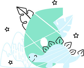 Vector illustration of Dinosaur birthday number 6, sixth, selebratign birthday for baby boy with plants and stars