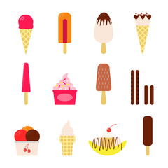 Flat vector illustration of set of various types of ice cream including frozen yogurt, gelato, soft serve, waffle cones, popsicles and other. Isolated on white background.