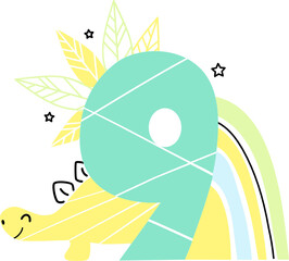 Vector illustration of Dinosaur birthday number 9, ninth, selebratign birthday for baby boy with plants and stars