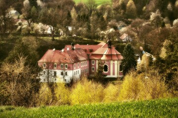 Obraz premium Castle Mitrowicz surrounded by blooming tree in springtime