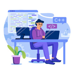 Programming software concept. Man developer is programming on laptop. Programmer coding code, working at app project. Template of people scenes. Vector illustration with characters in flat design