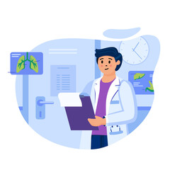 Fototapeta na wymiar Medical clinic concept. Doctor writes prescription after patient visit. Therapist diagnoses disease, prescribes treatment. Template of people scenes. Vector illustration with characters in flat design