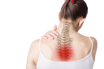 Female neck, back and trapezius muscles with upper spine inside, thoracic region marked red. Caucasian woman touches her shoulder, isolated on white. - obrazy, fototapety, plakaty