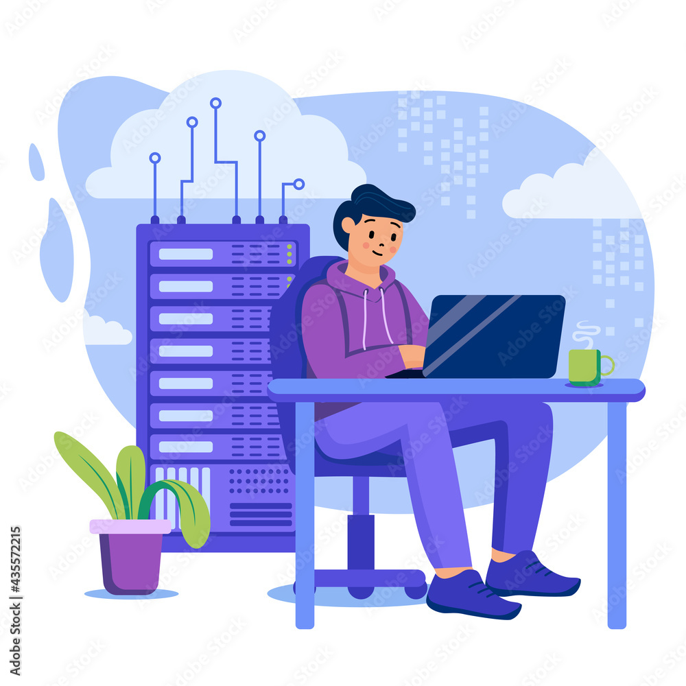 Poster cloud data center concept. engineer works in server room, tech support, maintains hardware. cloud co