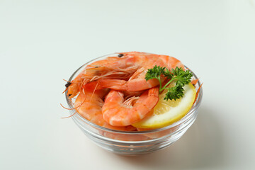 Tasty cooked shrimps in bowl on white background