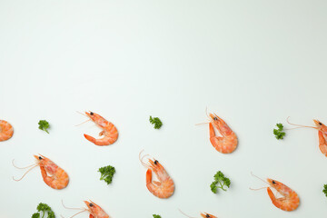 Tasty cooked shrimps on white background, space for text