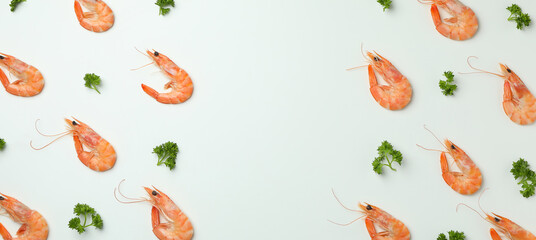 Tasty cooked shrimps on white background, space for text