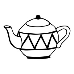 Round teapot with lid and geometric pattern. Hand drawn black doodle sketch table setting item. Morning tea brewing breakfast. Stock vector illustration isolated on white background.