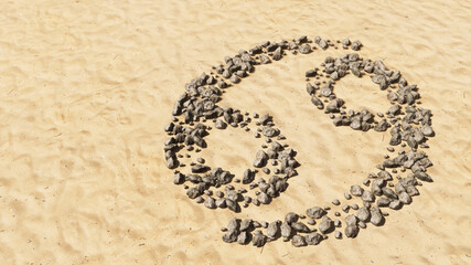 Concept conceptual stones on beach sand handmade symbol shape, golden sandy background, cancer zodiac sign. 3d illustration symbol for  esoteric, the mystic, the power of prediction of astrology