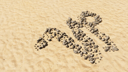 Concept conceptual stones on beach sand handmade symbol shape, golden sandy background, capricorn zodiac sign. 3d illustration symbol for  esoteric, the mystic, the power of prediction of astrology