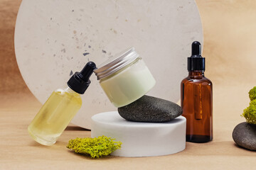 Organic cosmetic creative composition with circles and natural materials