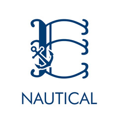 Logotipo con letra inicial E vintage con ancla de barco y texto Nautical en color azul