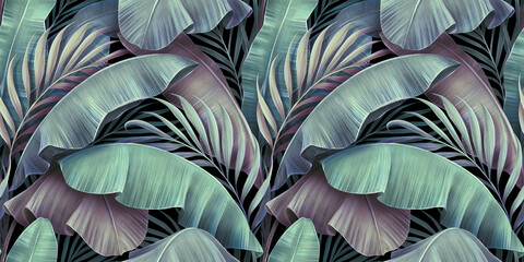 Tropical exotic seamless pattern. Beautiful palm, banana leaves. Hand-drawn vintage 3D illustration. Glamorous abstract jungle background design. For luxury wallpapers, cloth, fabric printing, goods