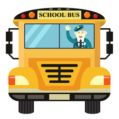 front view school bus cartoon isolated on white background with a smiling old man driver