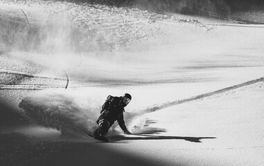 Snowboarder rides on fresh snow - obrazy, fototapety, plakaty