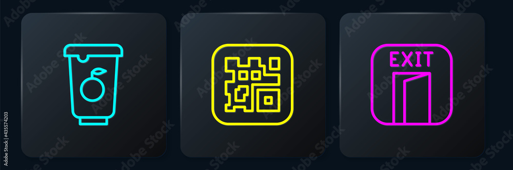 Poster set line yogurt container, fire exit and qr code. black square button. vector