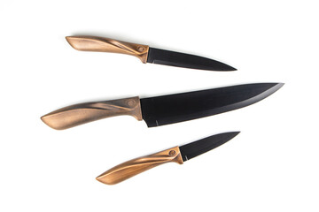 Collection of kitchen knives isolated on white background