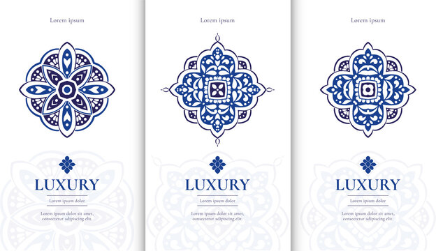 Set of blue mandala logos. Can be used for jewelry, beauty and fashion industry. Great for emblem, monogram, invitation, flyer, menu, brochure, background, or any desired idea.