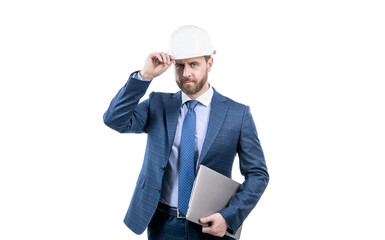 architect working on project. chief engineer in hardhat hold computer. mature ceo man