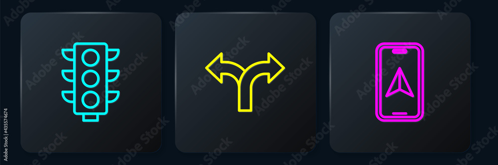 Poster set line traffic light, city map navigation and road traffic sign. black square button. vector