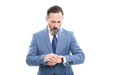 ceo man in suit checking time. shocked businessman with hand watch.