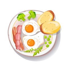 Top view of delicious healthy breakfast with bacon slices, fried eggs, broccoli, arugula and toasts plate for breakfast or lunch. British Traditional food. Colored flat vector illustration. Top view