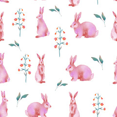 Raster seamless pattern. Bunnies with flowers. Illustration with animals can be used for wallpapers, pattern fills, web page backgrounds,surface textures. Gorgeous floral arrangement