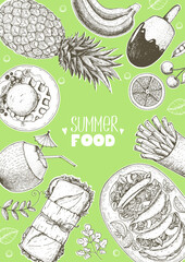 Summer food vector illustration. Variety food sketch collection. Top view engraved illustration.
