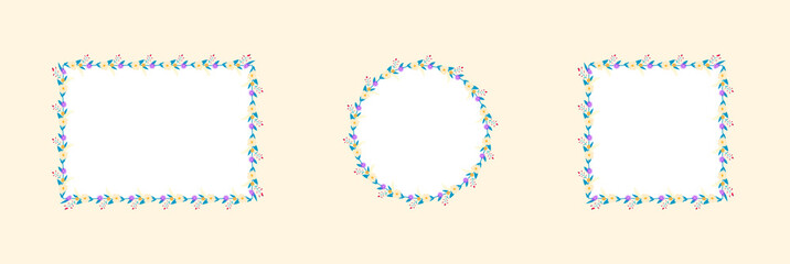 Set of floral frames. Flowers, berries and leaves. Square, round and rectangular frame. Pattern. White background. Vector illustration.  Isolated EPS.chamomile, chrysanthemum, buttercups, cranberries.