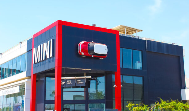 Kyiv, Ukraine - May 8, 2021: MINI car logo or sign at store