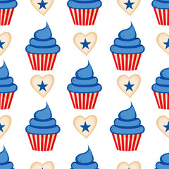 Vector cupcake and herts with stars seamless pattern of 4th of July. Transparent background.
