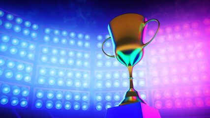 Gold trophy for winner online E-sport gaming with background futuristic blue and violet color spotlight in the stadium , 3d rendering picture. 