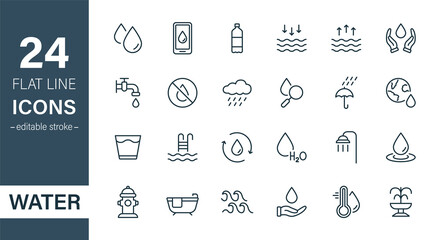 Water Line Icon Set. Drop Water Thin Linear Icon. Mineral Water, Low and High Tide, Shower, Plastic Bottle and Glass Outline Pictogram. Fire Hydrant and Fountain. Editable stroke. Vector illustration
