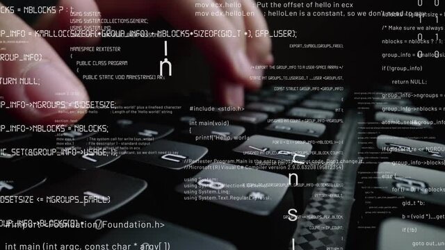 Creative visual of computer programming coding and software development shown by man working on computer keyboard with overlay of computer graphic displaying abstract program codes and computer script