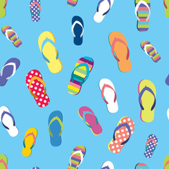 Flip flop color summer pattern. Seamless repeat background. Cartoon flat illustration. - obrazy, fototapety, plakaty