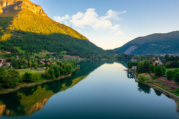 Fototapeta premium Panorama of Endine Lake , the lake is located near Bergamo in Cavallina Valley , Italy Lombardy.