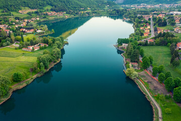 Panorama of Endine Lake , the lake is located near Bergamo in Cavallina Valley , Italy Lombardy.