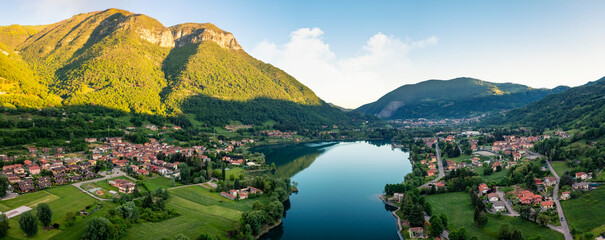 Panorama of Endine Lake , the lake is located near Bergamo in Cavallina Valley , Italy Lombardy.