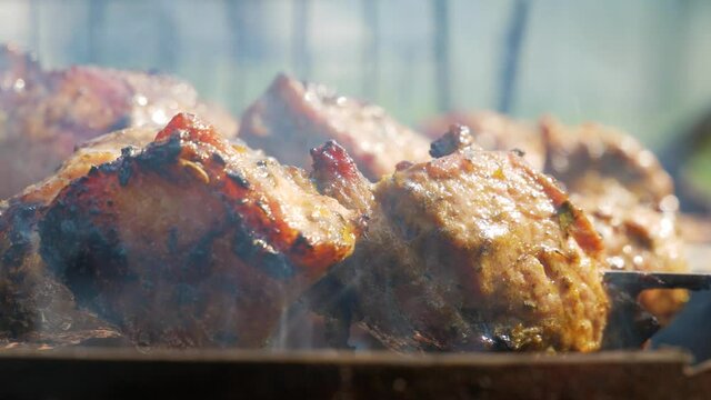 Tasty pork meat pieces on skewer on wood burning bqq, close up view