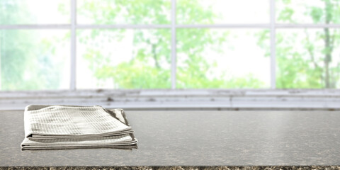 Wooden table of free space and blurred background of window 