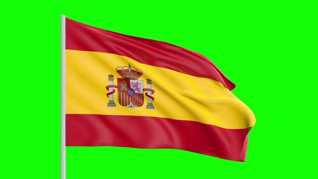 National Flag Of Spain Waving In The Wind on Green Screen With Alpha Matte
