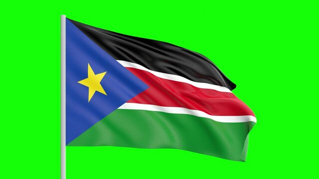 National Flag Of South Sudan Waving In The Wind on Green Screen With Alpha Matte