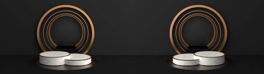 Round marble pedestal, golden border and black floor, and black walls with circular arches.The golden frame can be used for advertising Isolated on minimal black background, illustration,3D rendering.