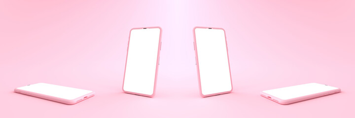 3D rendering of mockup pink Smartphone white screen on pink floor, Pink Mobile phone tilted and lay down on the ground. Smartphone white screen can be used for advertising,Isolated on pink background.