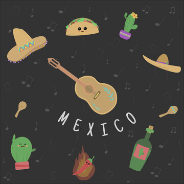 Mexico design. Mexican food. Cactus. Guitar, music. Vector illustration.