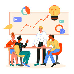 Business meeting and brainstorming, cartoon vector illustration on white. Business team working together, analytics and planning.
