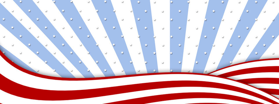 A fluttering red and white flag on a striped background on Independence Day. American flag on white with red stars background vector illustration. USA banner.