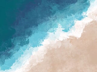 Horizontal beach print with blue sea and sand. Top view beach background. Modern printable wall art, poster, postcard. Hand drawing effect.