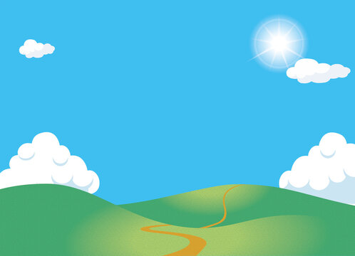 夏のイメージのイラスト背景素材　眩しい太陽と一本道の丘・小山と青空と白い雲