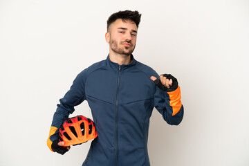 Young cyclist man isolated on white background proud and self-satisfied - obrazy, fototapety, plakaty